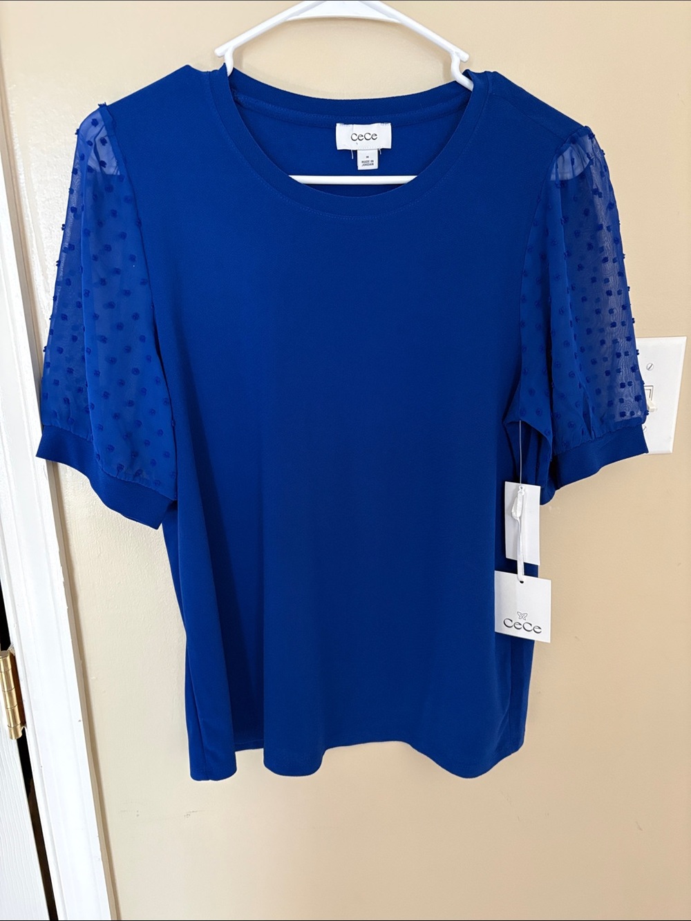 CeCe Cobalt Blue Dot Mesh Sleeve Short Sleeve Tee